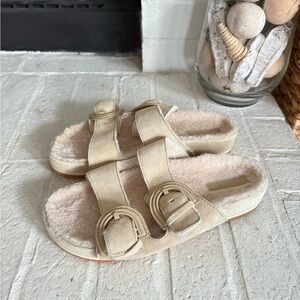 Vince Womens Glynn -2 Size 8 5Adjustable Straps Suede with Lamb Fur Biscotti